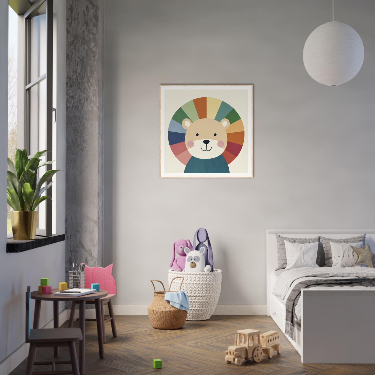 Colorful Lion Rainbow Revelry artwork with vibrant mane on a gray wall