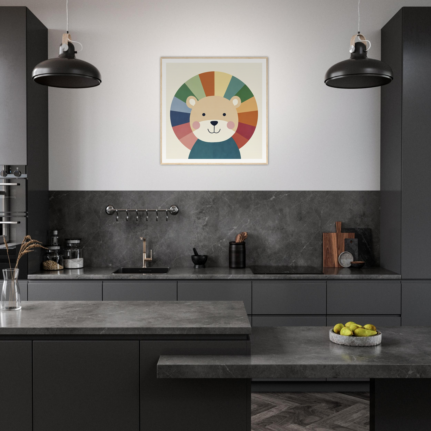 Modern dark gray kitchen featuring Lion Rainbow Revelry artwork on the wall