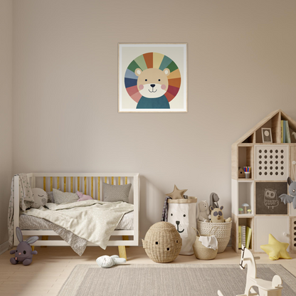 Cozy nursery featuring Lion Rainbow Revelry with neutral colors and playful animal decor