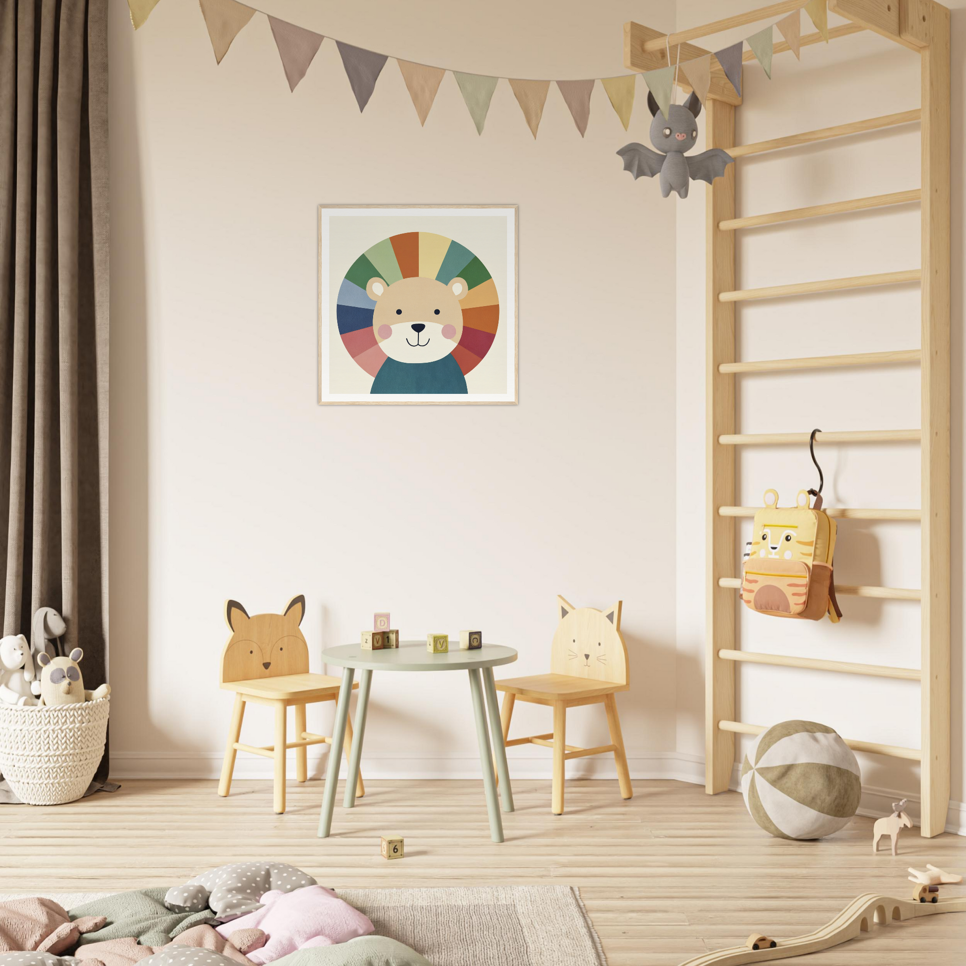 Children’s play area featuring Lion Rainbow Revelry with wooden animal chairs and table