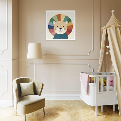 Vibrant nursery room featuring Lion Rainbow Revelry artwork, armchair, white crib, and canopy