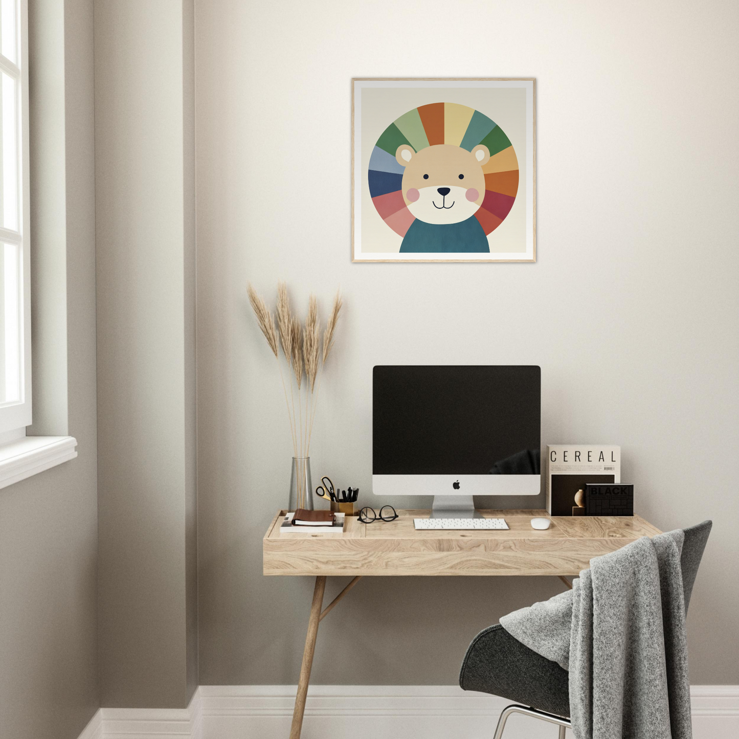 Minimalist home office with iMac on wooden desk in Lion Rainbow Revelry design