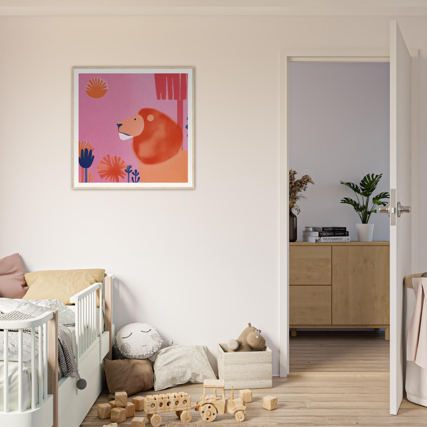 Framed pink artwork of a whimsical orange bear in Lion’s Psychedelic Serenade