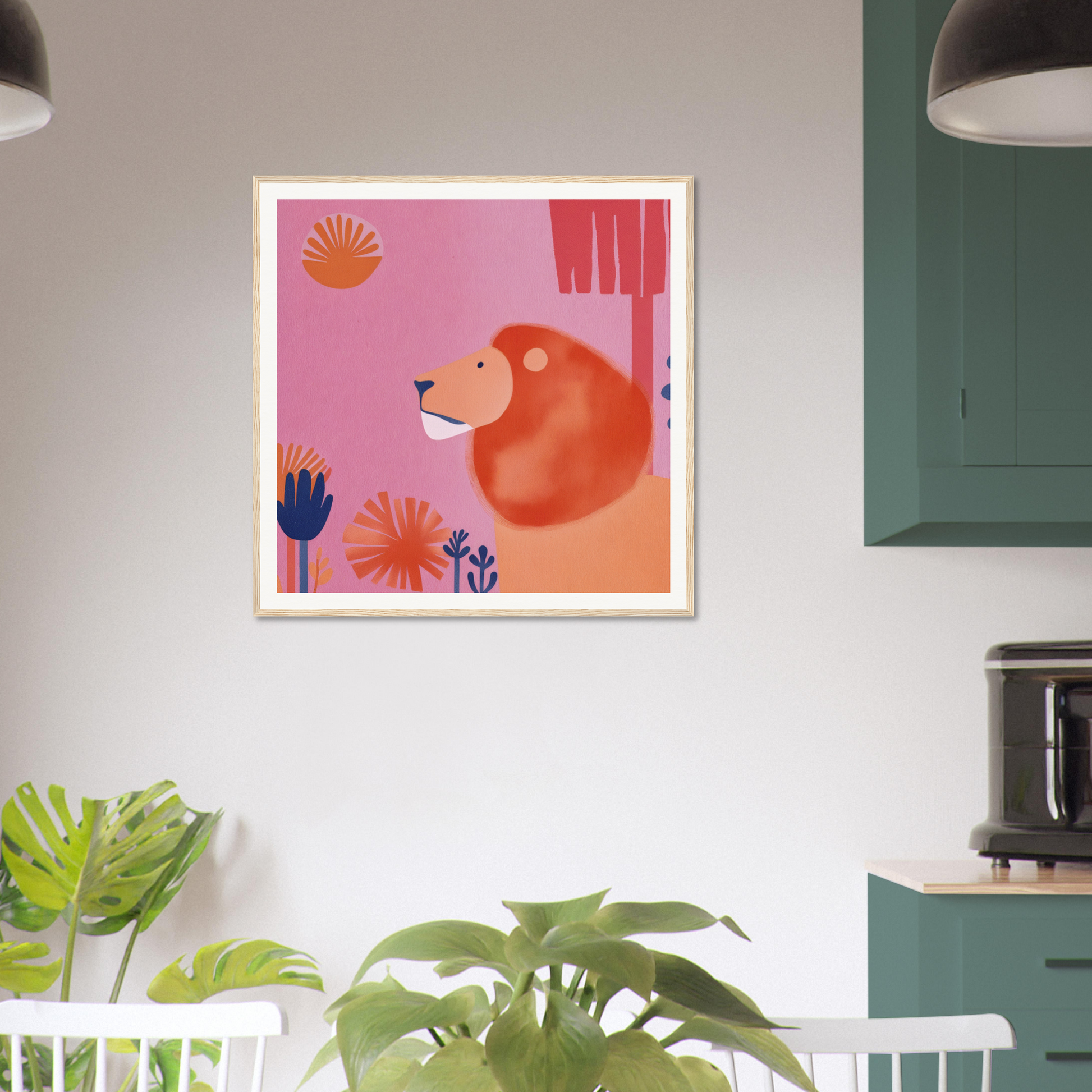 Framed art print of an orange lion on pink with flowers from Lion’s Psychedelic Serenade