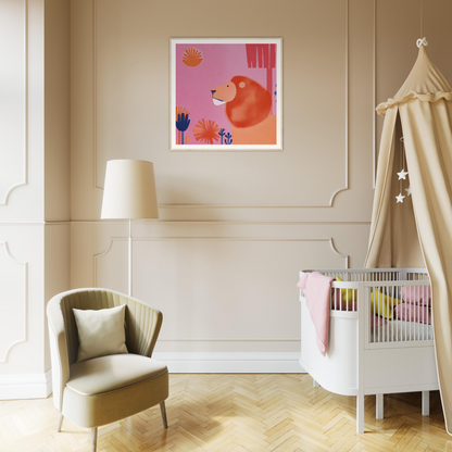 Modern nursery featuring a white crib, beige armchair, and lion’s psychedelic bear artwork