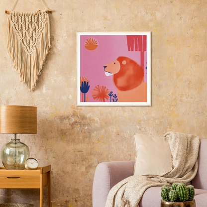 Framed illustration of an orange lion in a vibrant psychedelic serenade of flowers