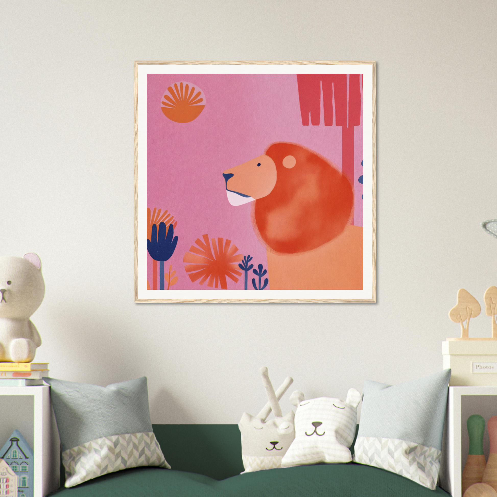 Framed art print of an orange bear among flowers in Lion’s Psychedelic Serenade