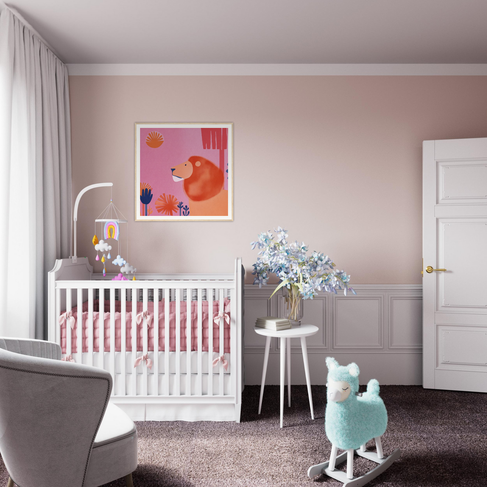 White wooden crib with pink bedding from Lion’s Psychedelic Serenade collection