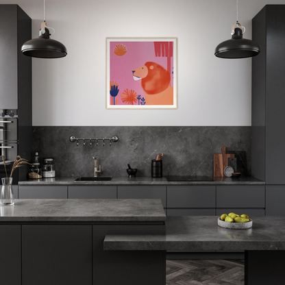 Modern dark gray kitchen featuring Lion’s Psychedelic Serenade artwork and black lights