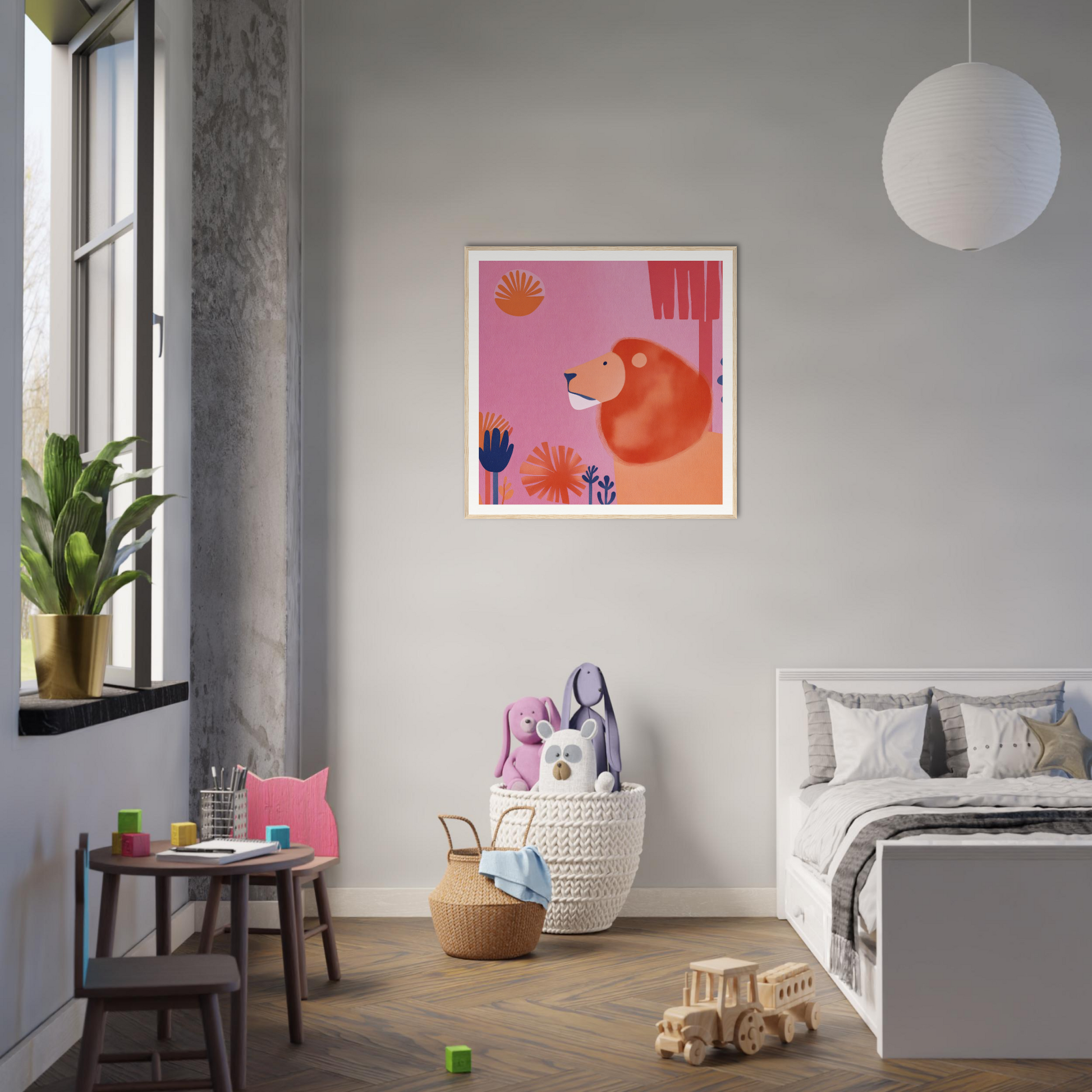 Framed pink art print of an orange bear in flowers from Lion’s Psychedelic Serenade