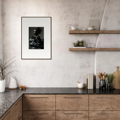 Modern kitchen with wooden cabinets, dark countertops, and floating shelves displaying various decorative items and a framed black and white photograph.