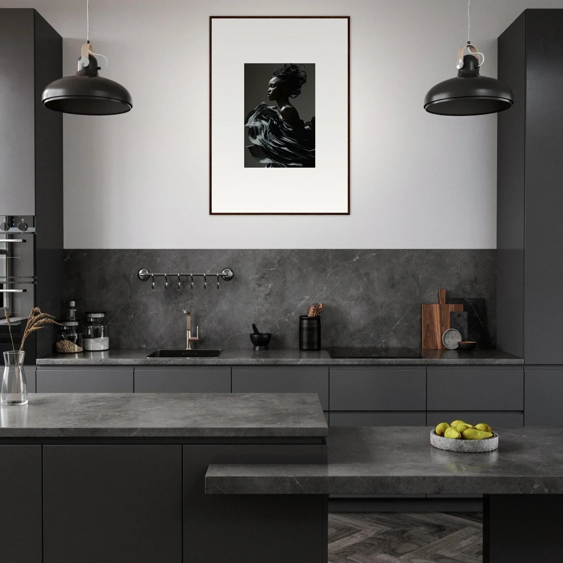 Modern kitchen with dark gray cabinetry and a striking black-and-white photograph as a focal point.