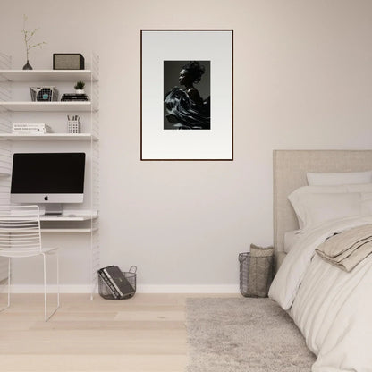 Minimalist bedroom with white walls, floating shelves, and a framed black and white photograph.