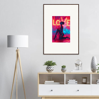 Framed wall art featuring a silhouetted figure and neon LOVE, perfect for room decoration