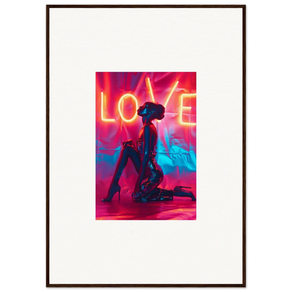 Silhouetted figure kneeling under neon LOVE sign, perfect for room decoration wall art