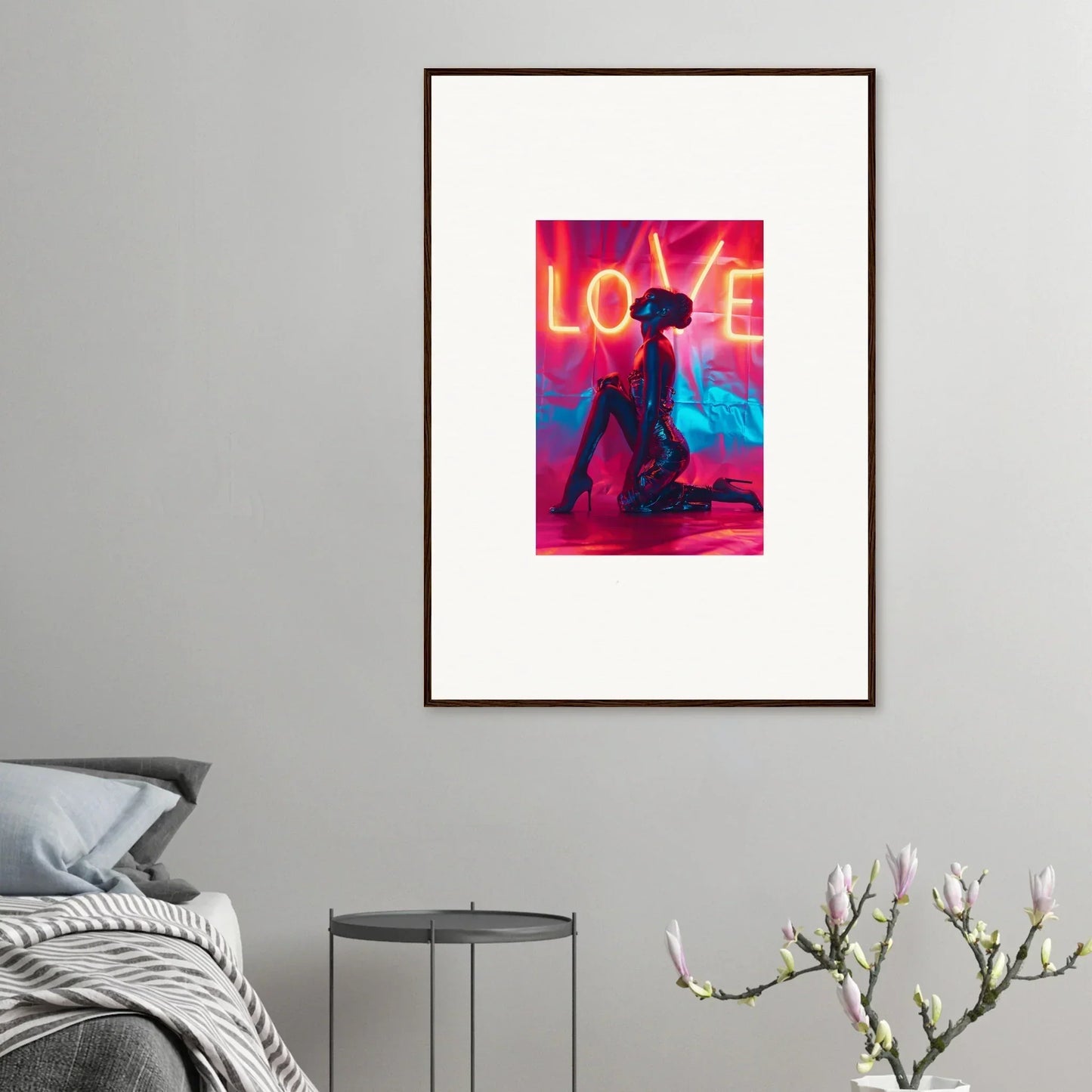 Framed canvas print featuring a silhouetted figure and LOVE text for unique room decoration