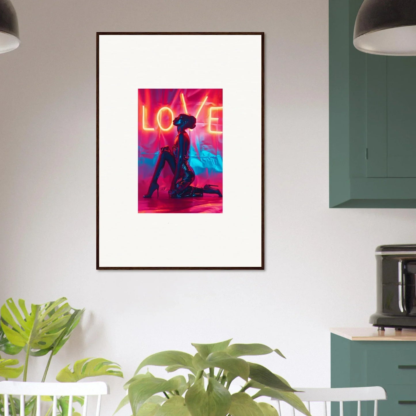 Framed canvas print of a silhouetted figure under neon LOVE text for cool room decoration