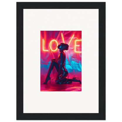 Framed canvas print of neon LOVE wall art with a kneeling silhouette for room decoration