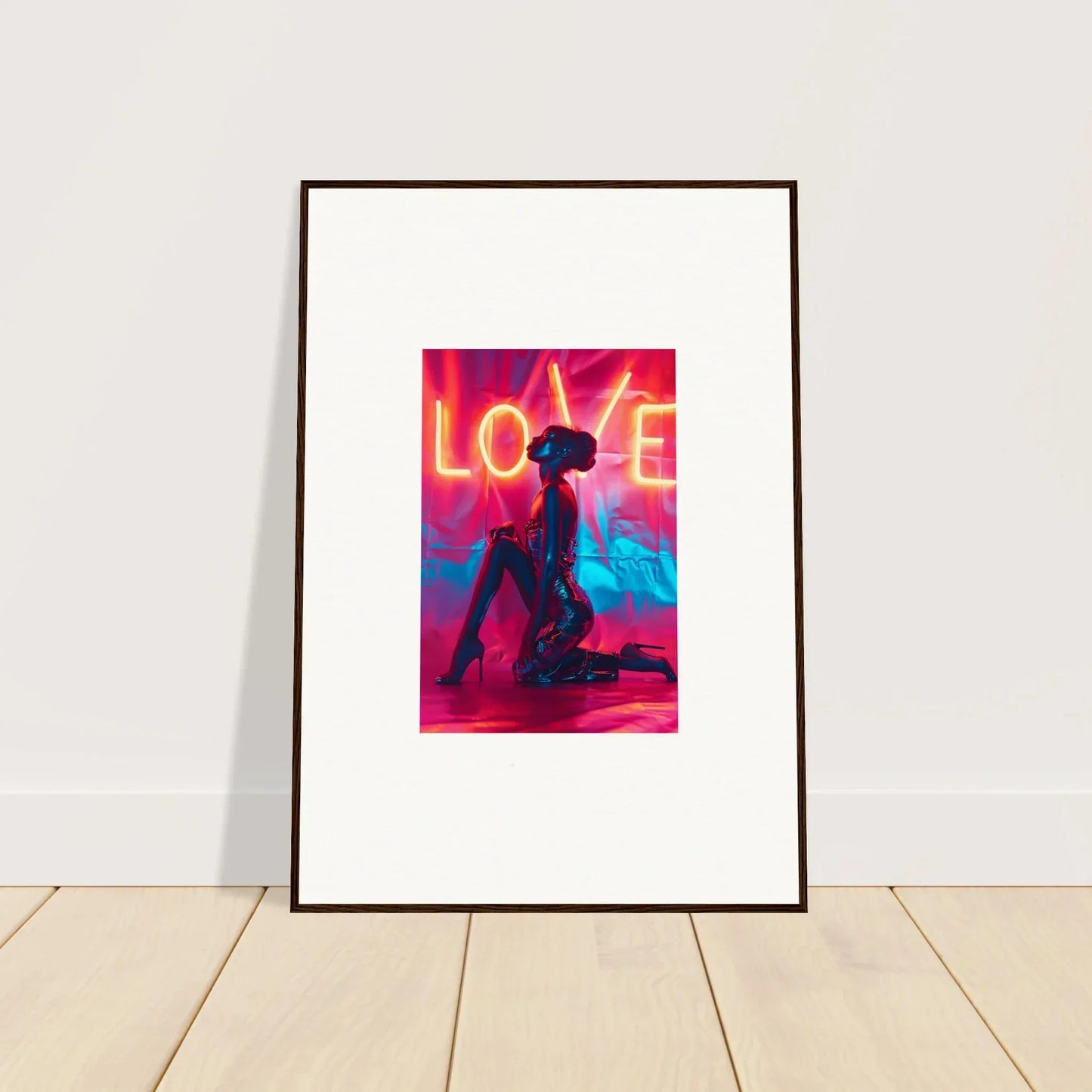 Framed canvas print of a silhouetted figure and LOVE neon lettering, cool wall art for room decoration