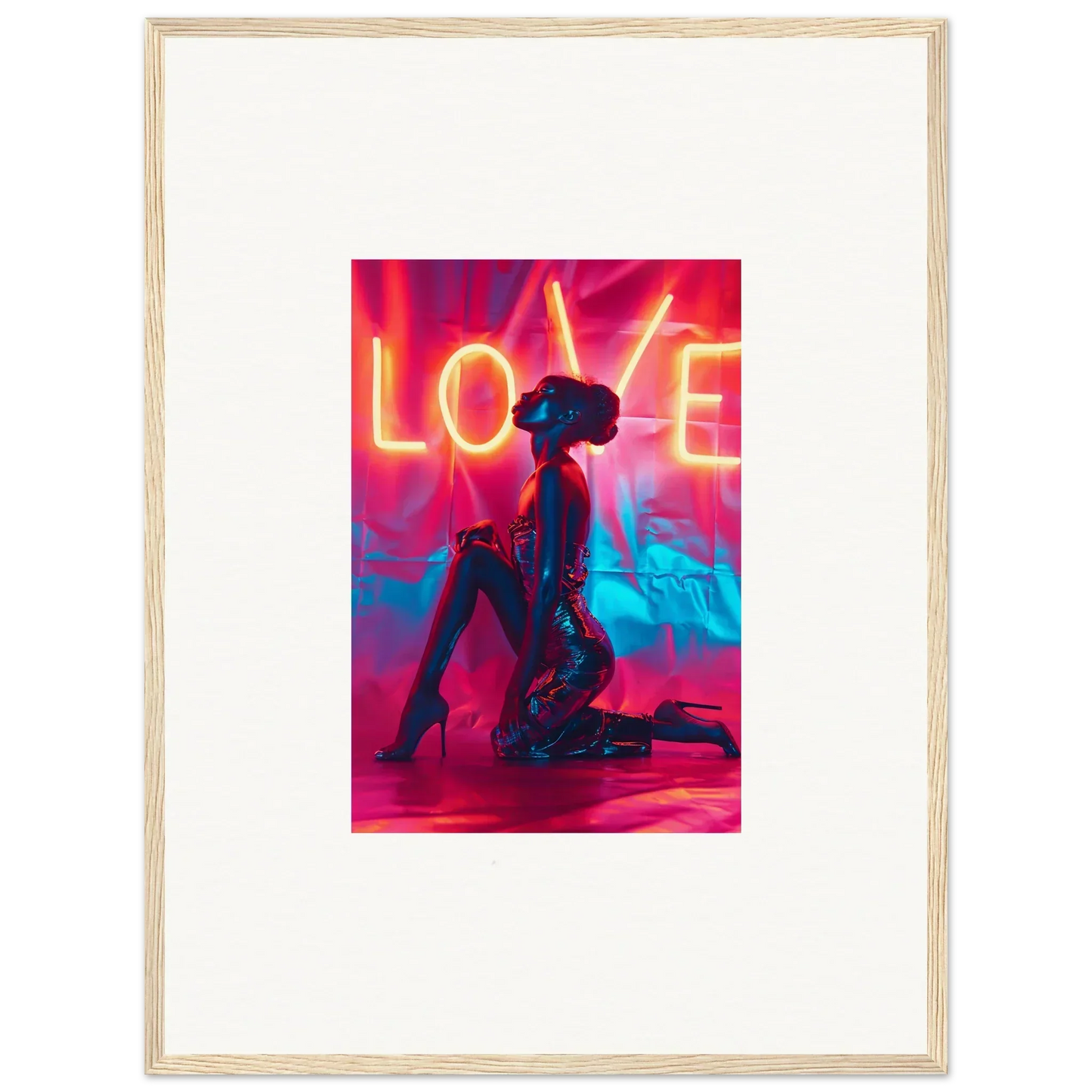 Framed canvas print of a silhouetted figure under neon LOVE wall art for room decoration