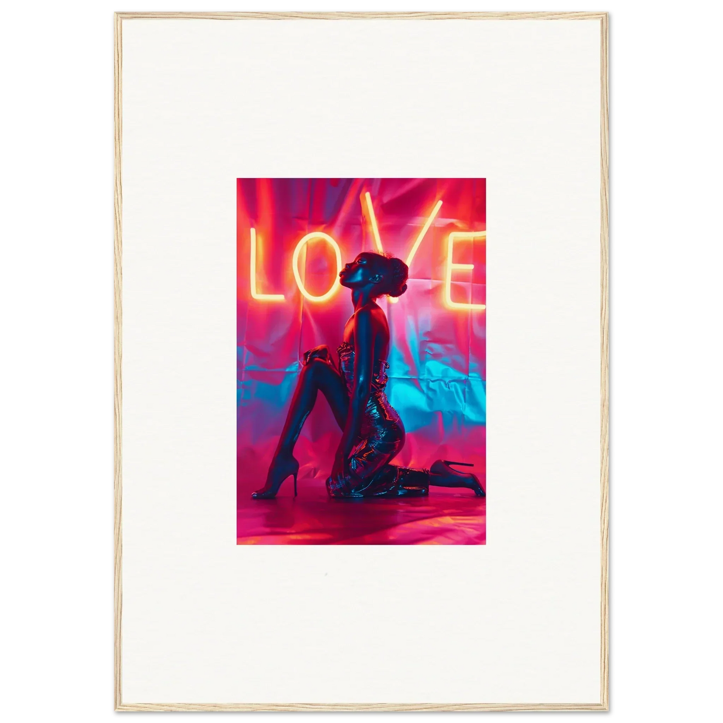 Silhouetted figure kneeling under a neon LOVE sign, perfect for room decoration wall art