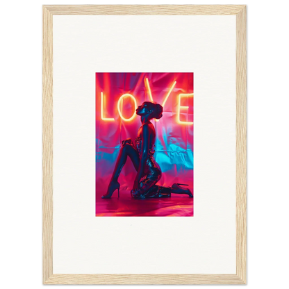 Framed wall art of a kneeling figure under neon LOVE text in vibrant colors for room decoration