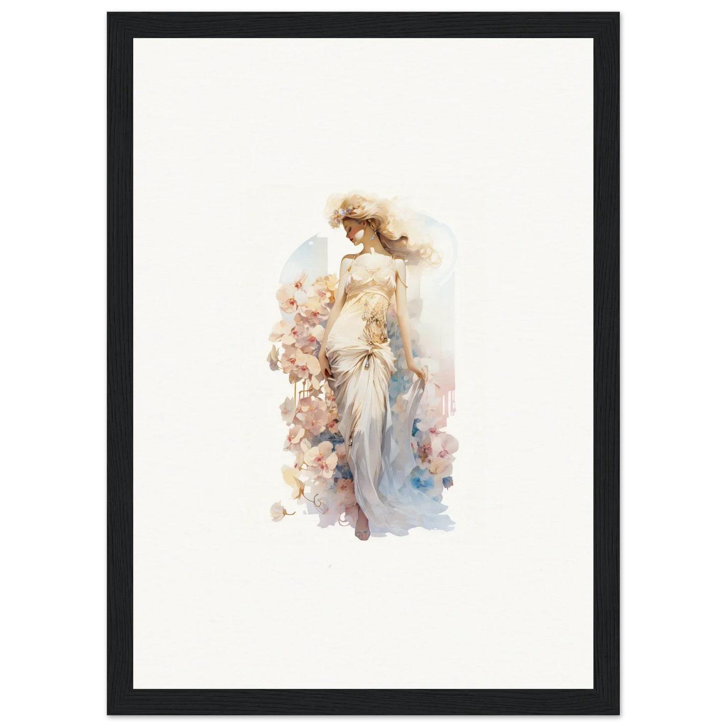 Watercolor canvas print of a dreamy female figure with floral accents for room decoration