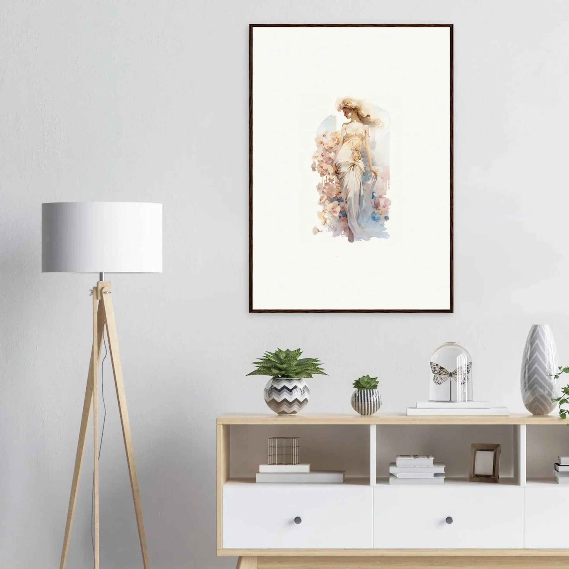 Framed pastel watercolor of a feminine figure for dreamy room decoration or canvas print