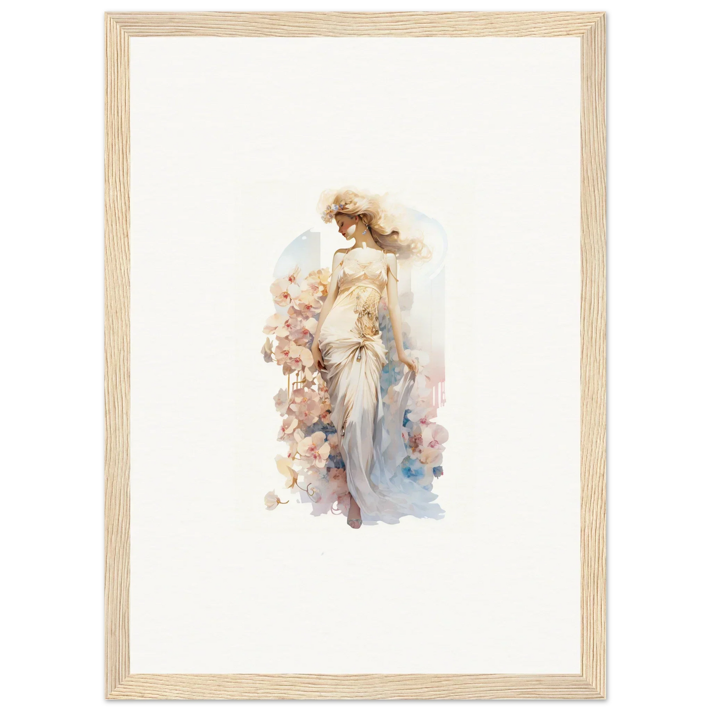 Delicate watercolor of an ethereal woman with flowers for dreamy room decoration