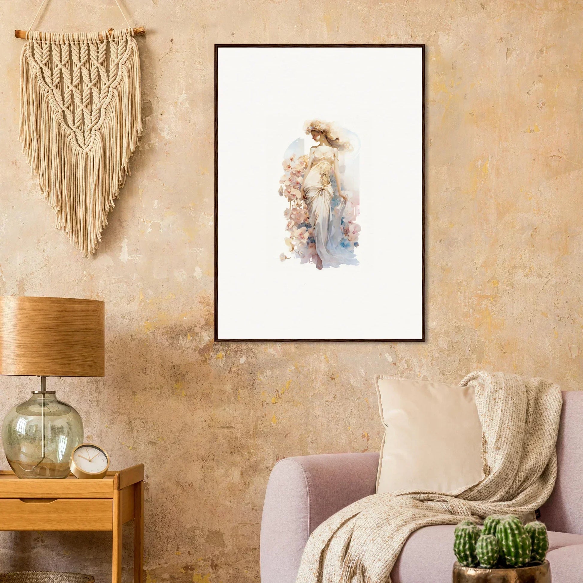 Framed watercolor painting of a feminine figure in soft pink blooms for room decoration