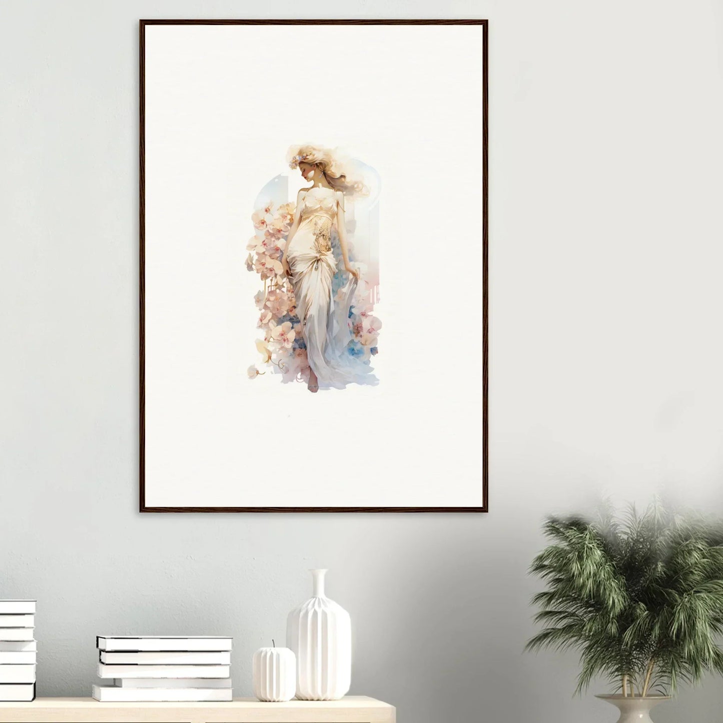 Watercolor painting of a graceful female figure with flowers for dreamy room decoration