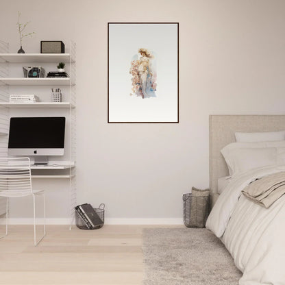 Minimalist bedroom with white walls, floating shelves, and a canvas print for dream amusements