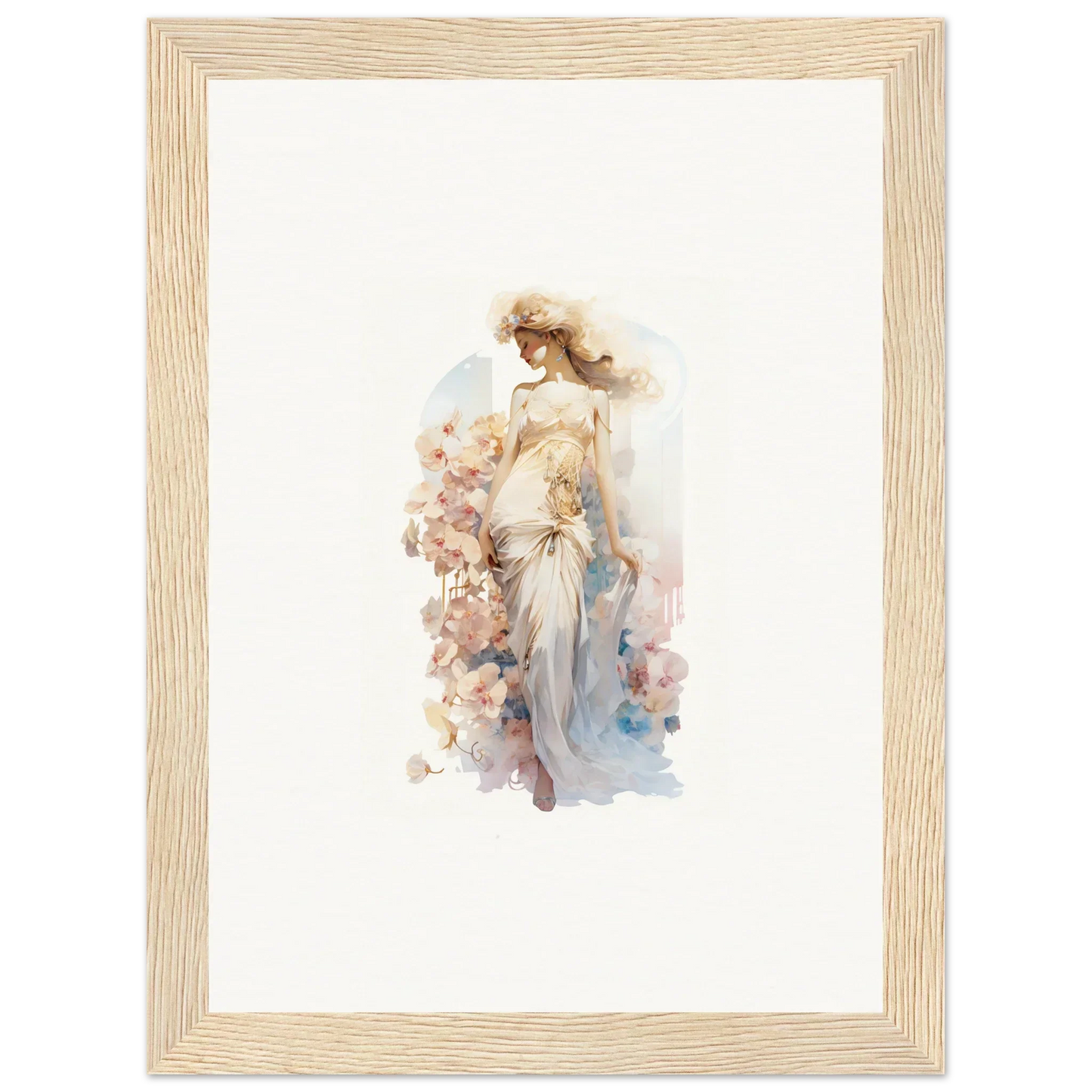 Watercolor canvas print of a woman in a dress surrounded by flowers for dream amusements