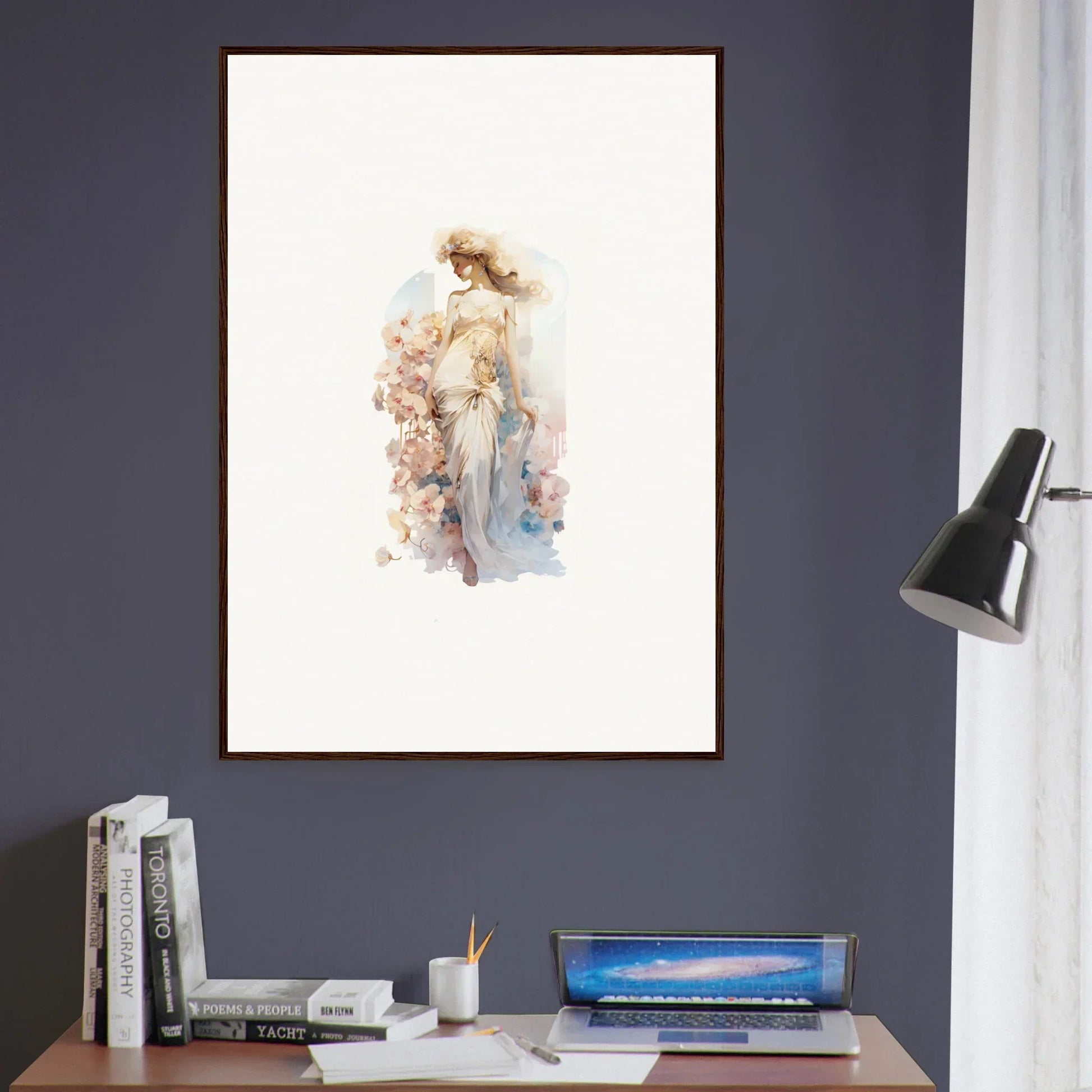 Framed watercolor of ethereal female figure with flowers for dreamy room decoration