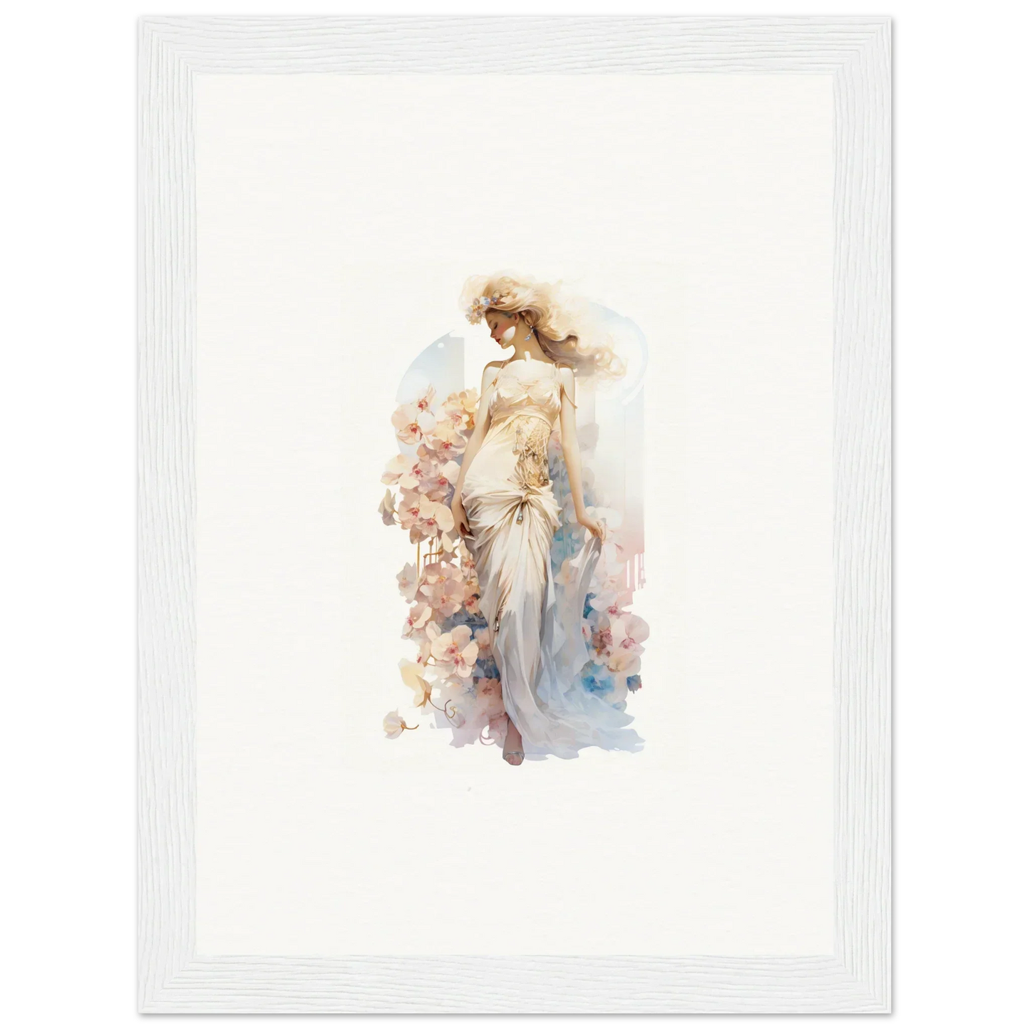 Watercolor canvas print of a dreamy female figure with floral accents for room decoration