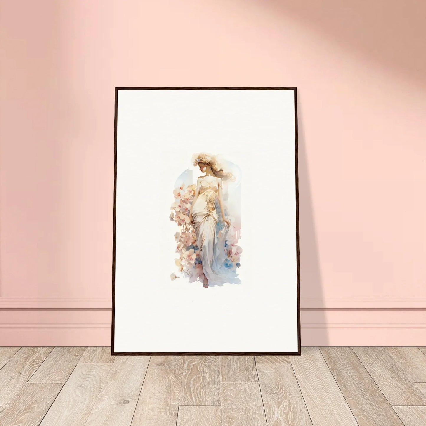 Framed watercolor canvas print of a feminine figure with flowers for dreamy room decoration