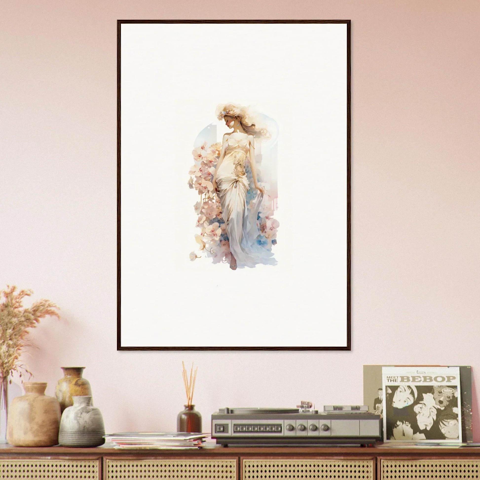 Framed watercolor painting of a dreamy female figure for room decoration canvas print