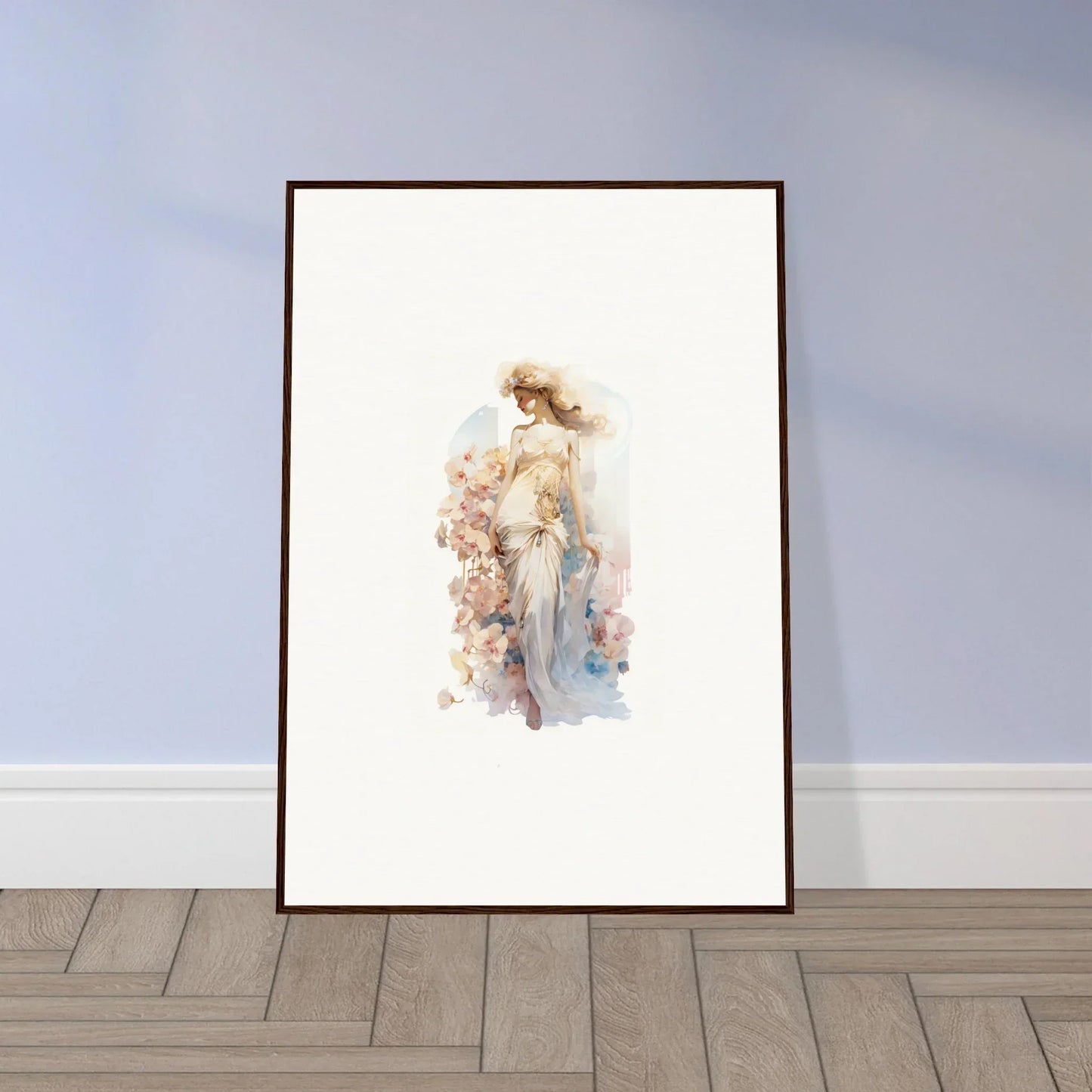 Framed watercolor of a dreamy feminine figure, perfect for room decoration or canvas print