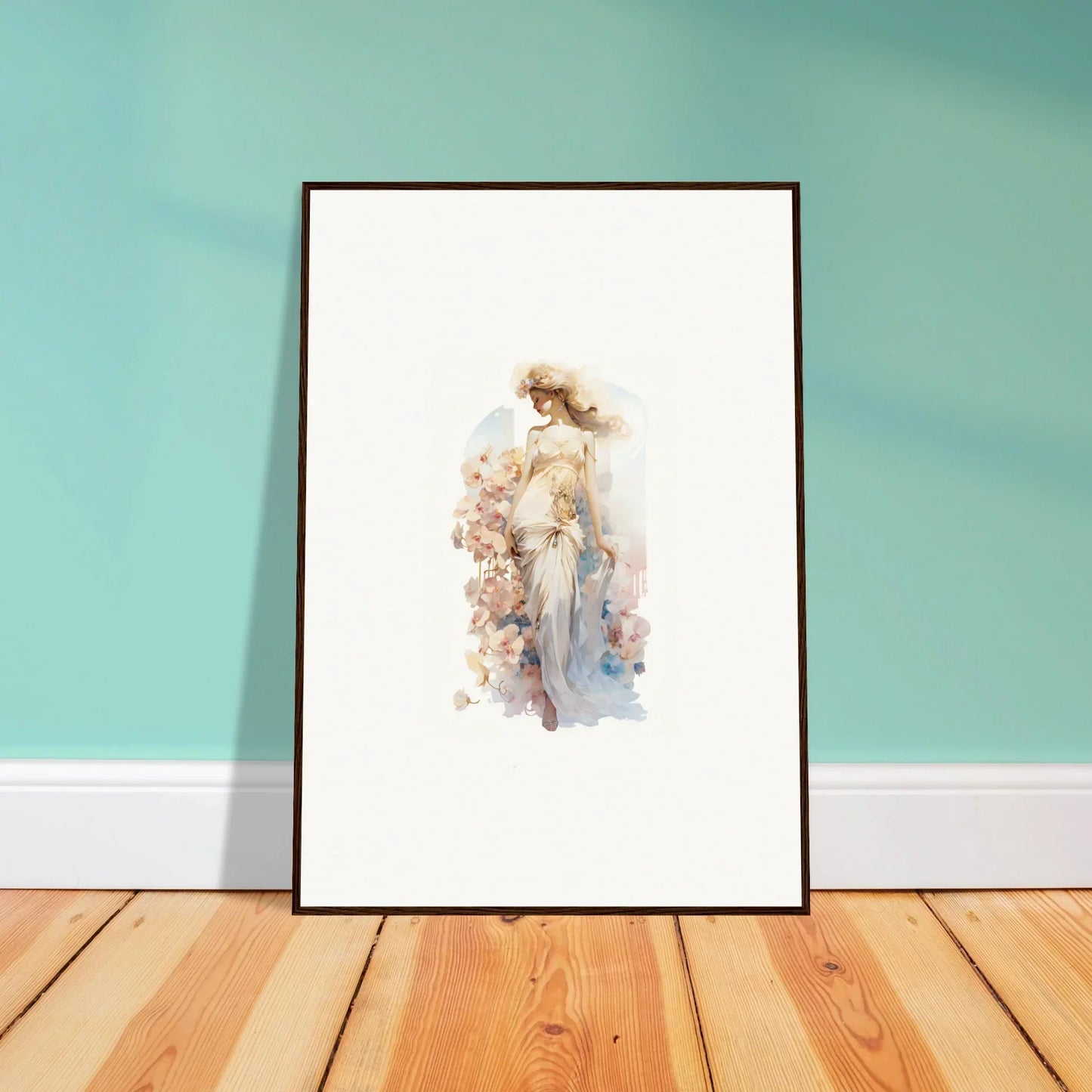 Framed watercolor painting of a stylish figure, perfect for dreamy room decoration