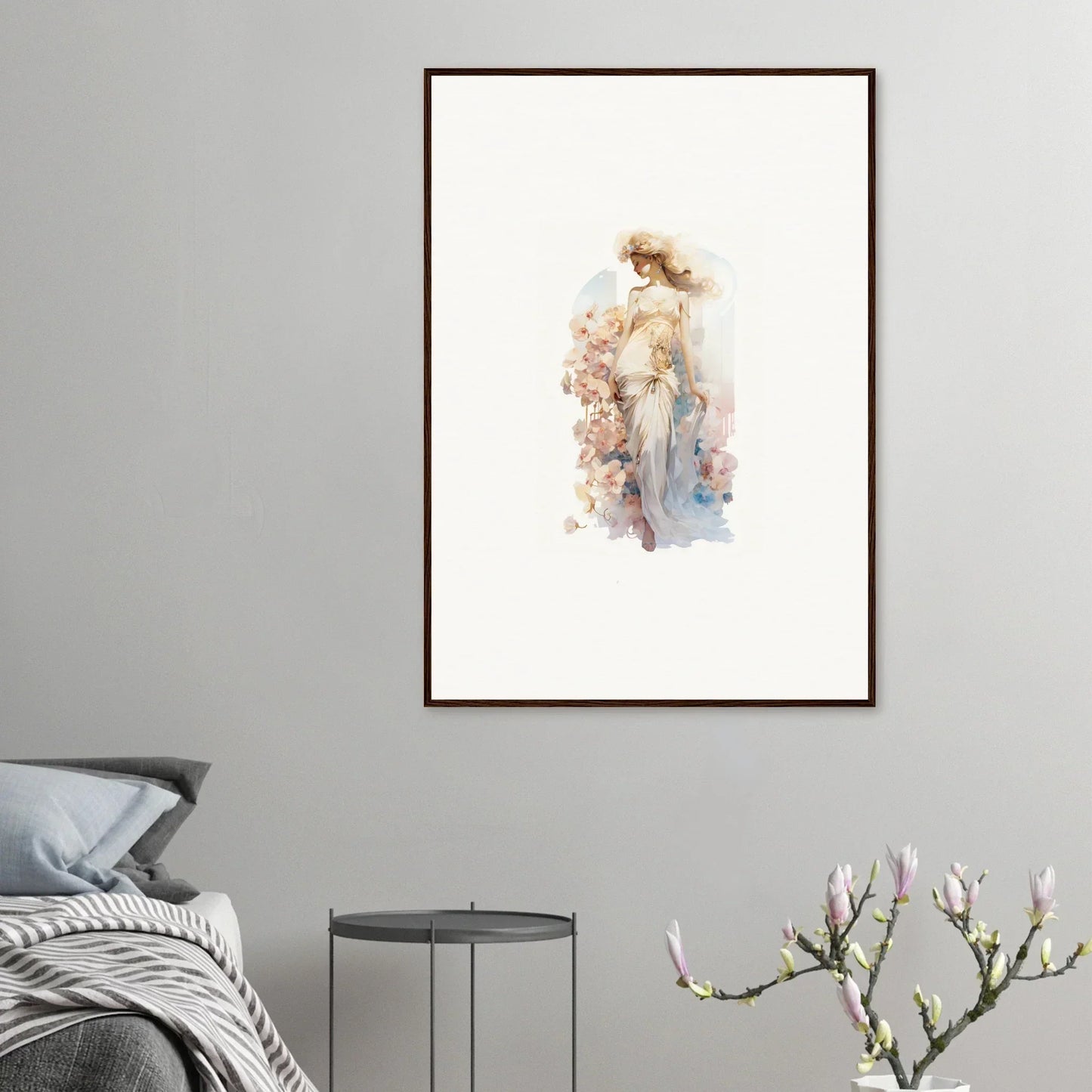 Framed watercolor of a dreamy feminine figure for room decoration canvas print