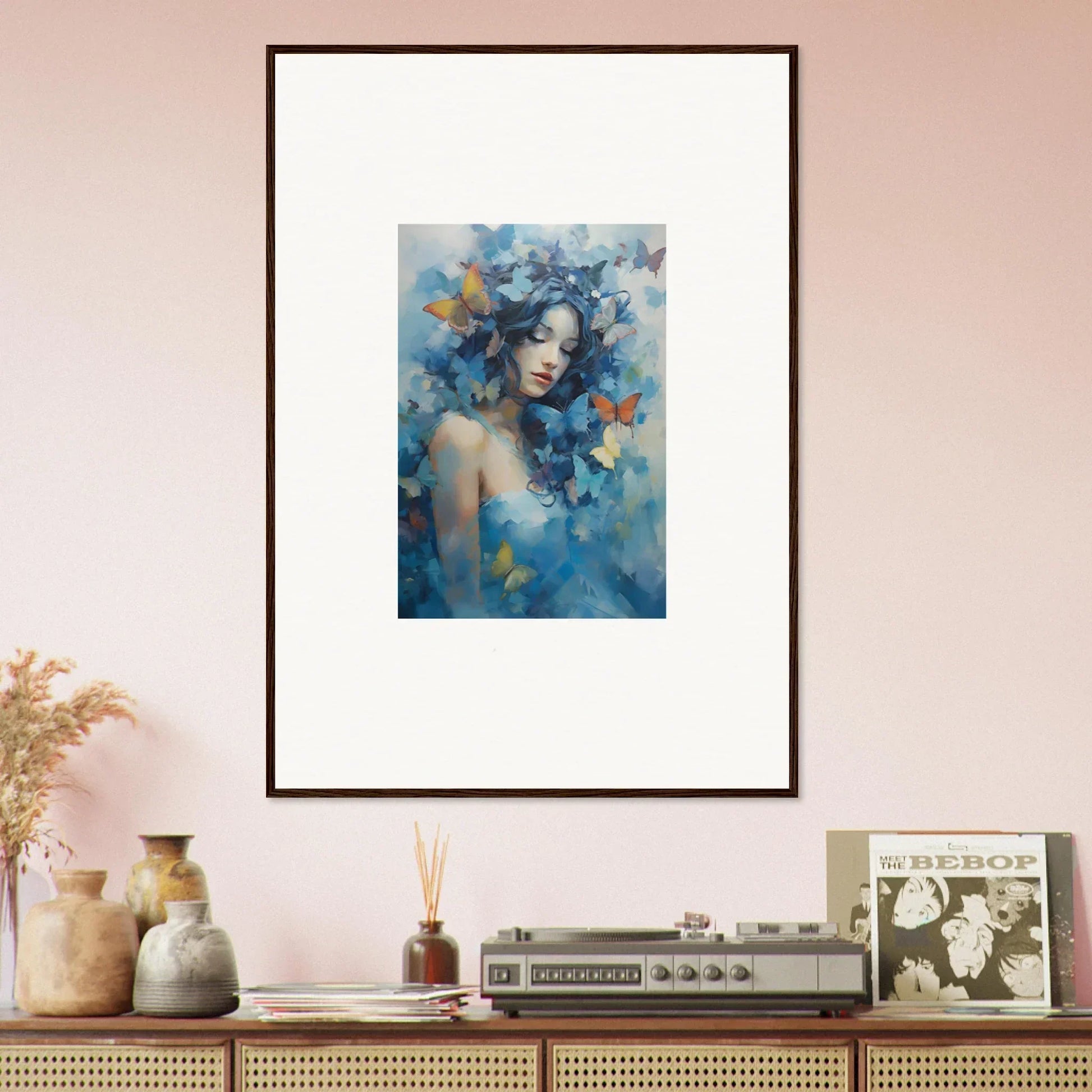 Framed wall art of a figure with blue tones and butterflies for dream rhapsody room decor