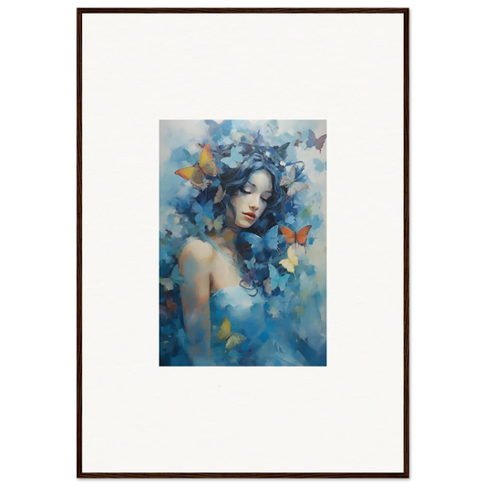 Framed wall art of a woman with blue butterflies for dreamy room decor