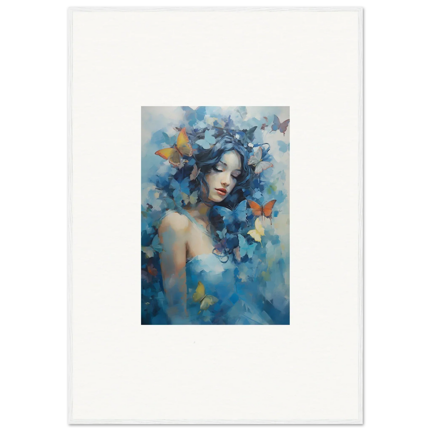 Artistic portrait of a woman with blue butterflies for dream rhapsody room decor