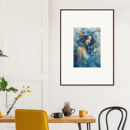 Framed wall art of a figure amidst blue tones and butterflies for dream rhapsody room decor