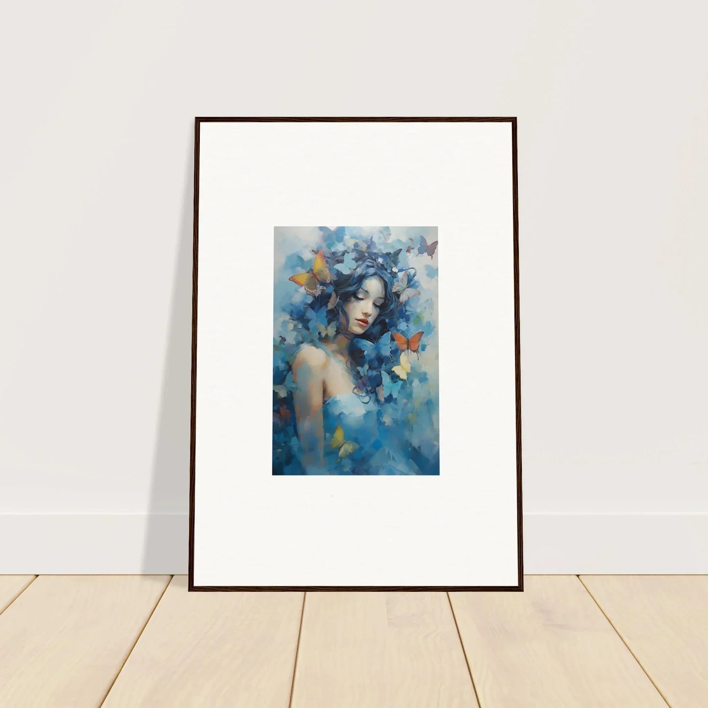 Framed wall art of a blue-skinned figure and butterflies for dream rhapsody room decor