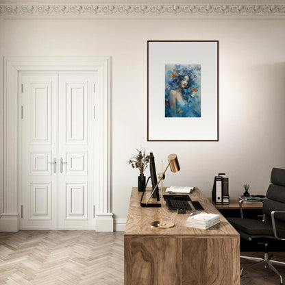 Elegant home office with wooden desk and framed wall art, perfect for Dream Rhapsody decor