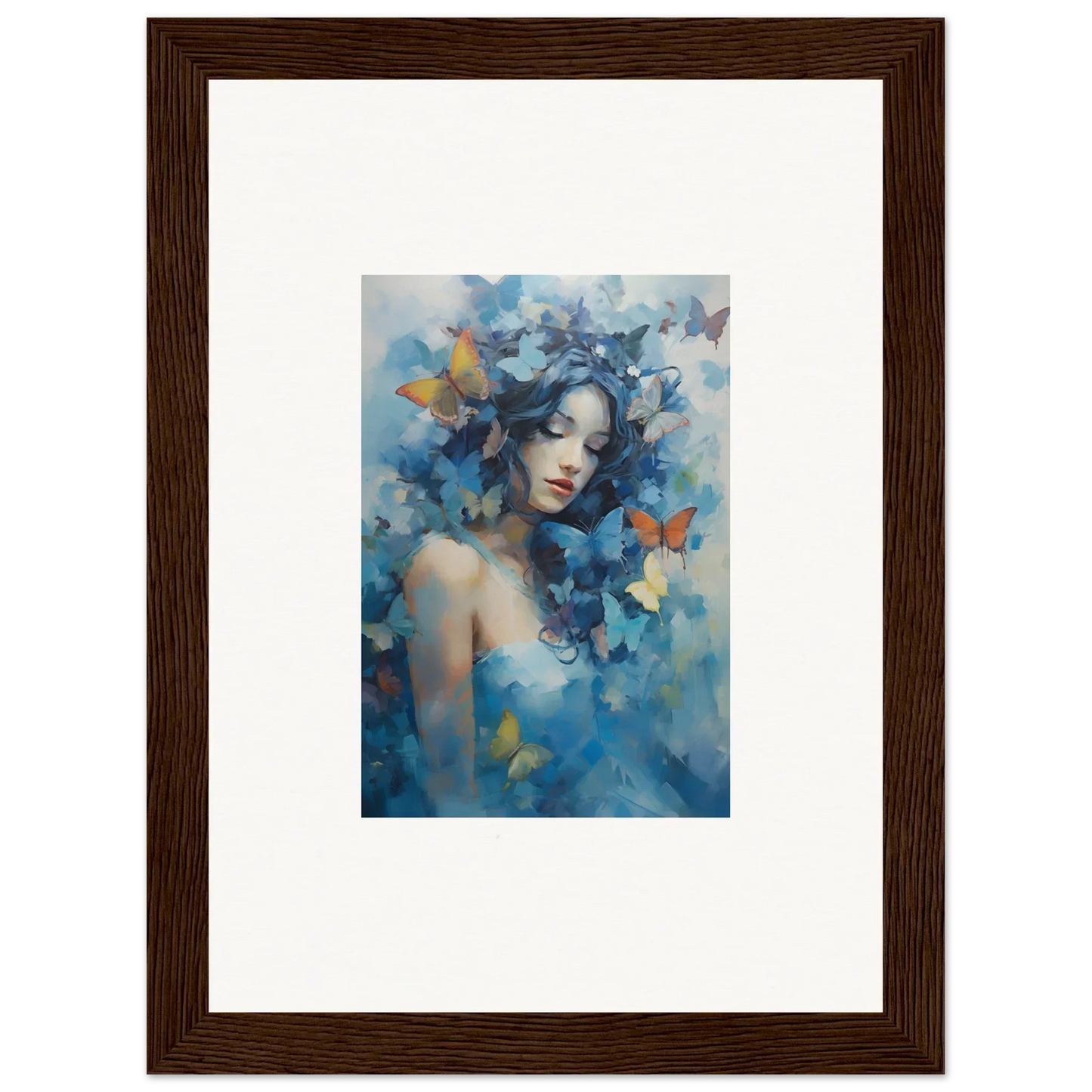 Framed wall art of a woman with blue butterflies for dream rhapsody room decor