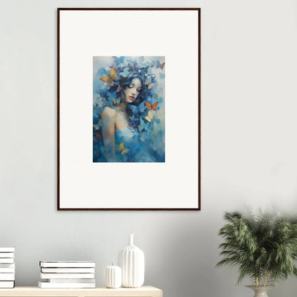 Framed wall art of a blue-toned portrait with butterfly motifs, Dream Rhapsody decor