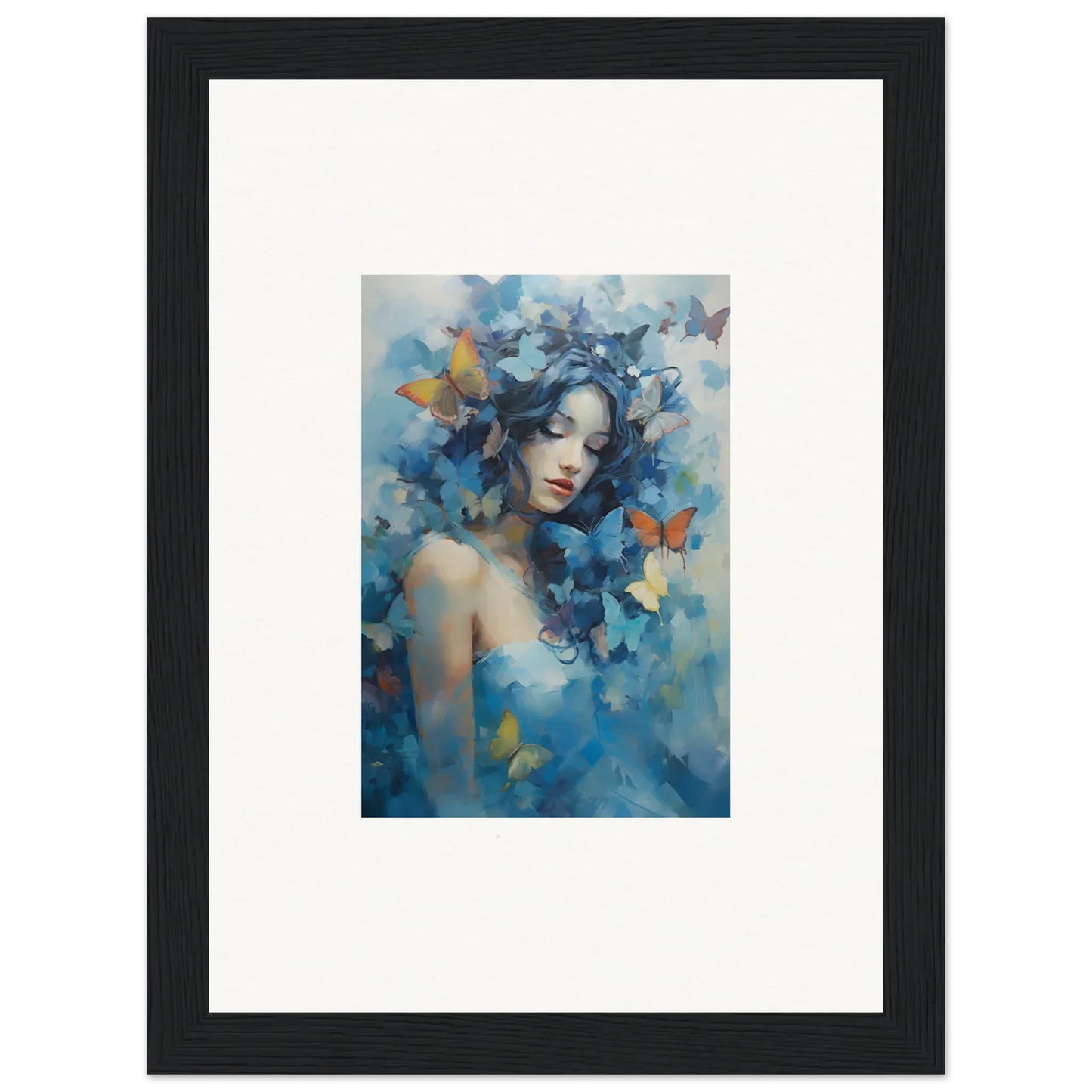 Framed wall art of a woman with blue butterflies for dreamy room decor