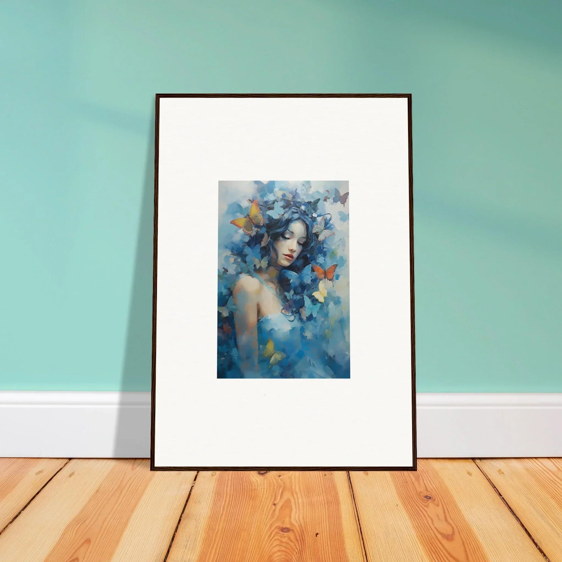 Framed wall art of a blue and yellow portrait for dreamy room decor